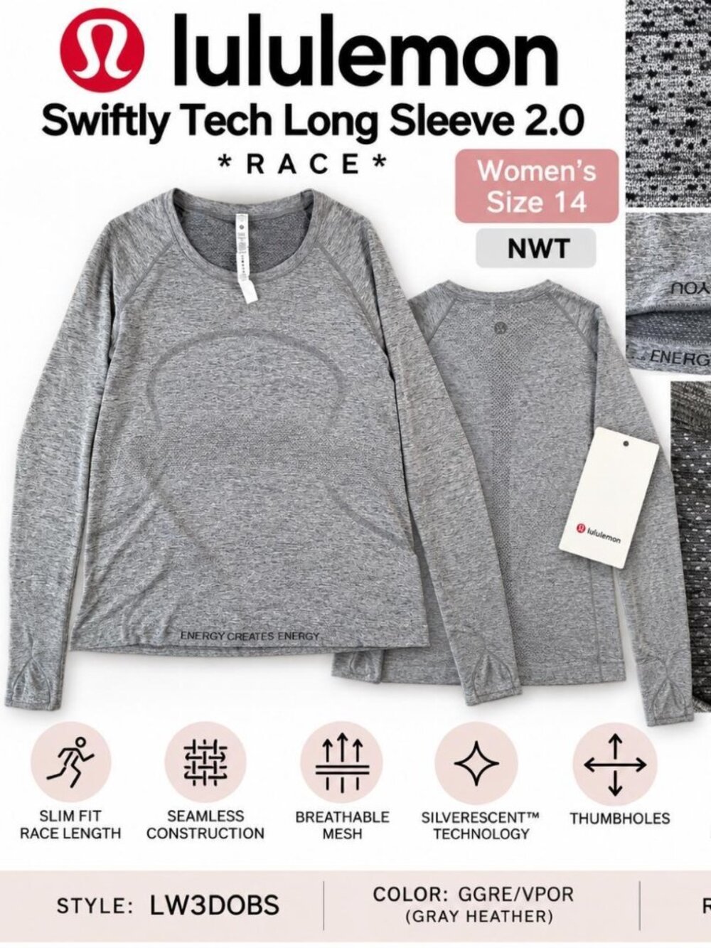 Lululemon Women Gray Swiftly Tech Long Sleeve 2.0 Race Length Shirt 14